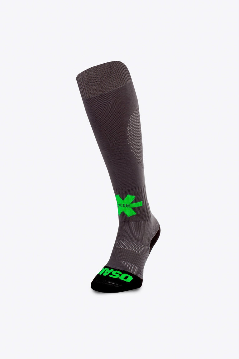 Osaka Field Hockey Socks in grey with Osaka logo in green. Front view