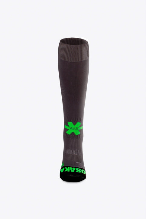 Osaka Field Hockey Socks in grey with Osaka logo in green. Front view