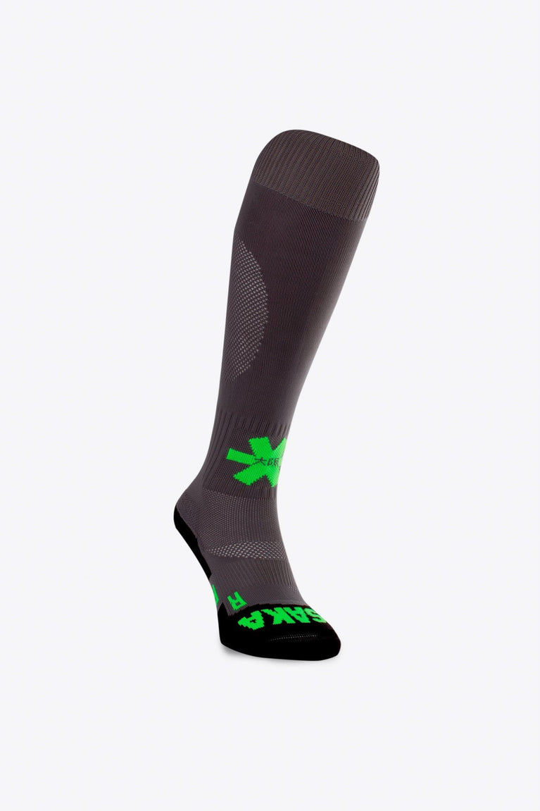 Osaka Field Hockey Socks in grey with Osaka logo in green. Side view