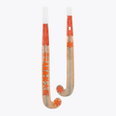Indoor hockey stick with orange graphic shaft and curved wood-colored blade #OrangeTiger