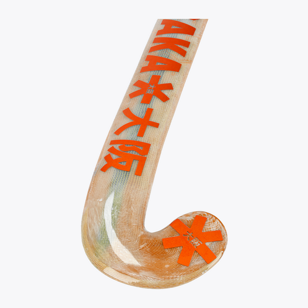 Indoor hockey stick blade end in wood tone with orange star pattern accents #OrangeTiger