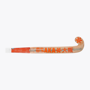 Indoor hockey stick with orange tip and wood-colored playing surface on curved blade #OrangeTiger