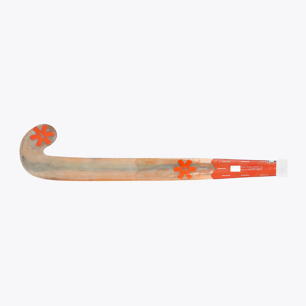 Indoor hockey stick side profile, wood-toned blade with orange grip area #OrangeTiger