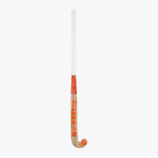 Indoor hockey stick blade with orange branding and wood-colored curved face #OrangeTiger