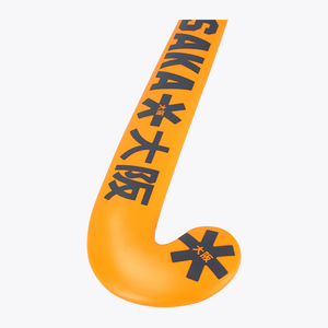 Orange indoor hockey stick blade with Osaka text and black graphic icons #OrangeTiger
