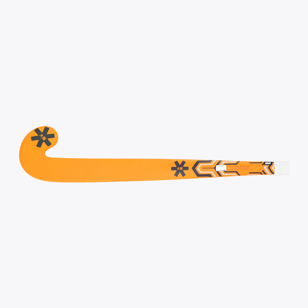 Orange indoor hockey stick lying flat, showing full mid-bow shape and graphics #OrangeTiger