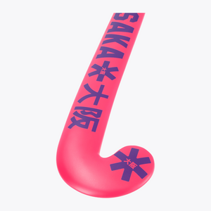 Orange indoor hockey stick blade with Osaka text and black graphic icons #HotPink