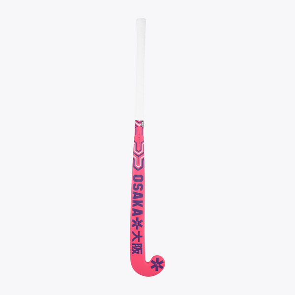 Orange indoor hockey stick with Osaka text on the shaft and black symbol icons #HotPink