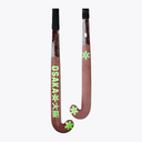 Field hockey stick pair view: dark brown blade with lime star accents and black handle. #GreenAsh