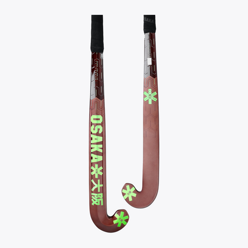Field hockey stick pair view: dark brown blade with lime star accents and black handle. #GreenAsh