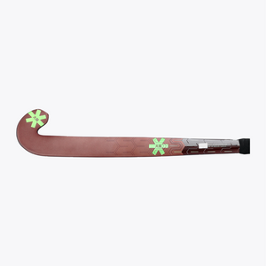 Field hockey stick with dark brown low-bow head and lime graphics, black grip. #GreenAsh