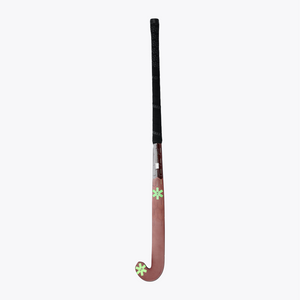 Field hockey stick top-to-blade view showing dark brown head and lime star decals. #GreenAsh