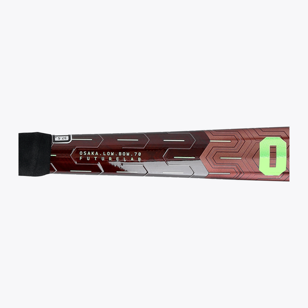 Field hockey stick butt end and shaft graphics; black grip with lime OSAKA marking. #GreenAsh