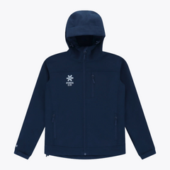 A dark navy blue hooded jacket with a full front zipper, zippered chest pocket, and zippered hand pockets, featuring a white snowflake logo and 'SARAA' text on the left chest, displayed on a light gray background.