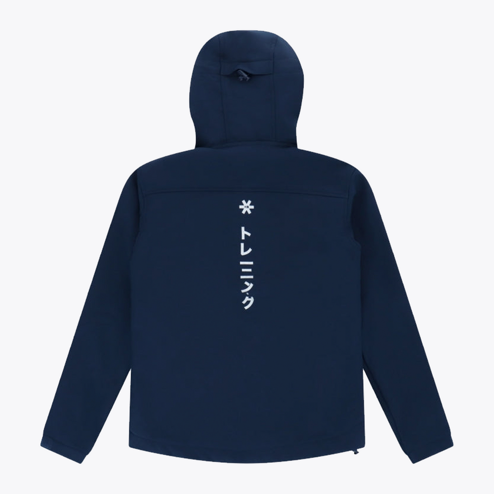 A dark navy blue hooded jacket with a full front zipper, zippered chest pocket, and zippered hand pockets, featuring a white snowflake logo and 'SARAA' text on the left chest, displayed on a light gray background.