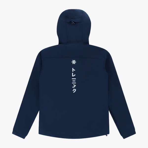 A navy blue hooded jacket shown from the back, featuring a vertical white graphic print with a star and Japanese characters on the center back, set against a plain light gray background.
