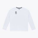 A white long-sleeve crewneck shirt with a dark gray graphic logo on the left chest, displayed flat against a light gray background. #White