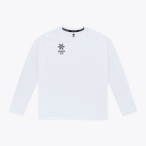 A white long-sleeve crewneck shirt with a dark gray graphic logo on the left chest, displayed flat against a light gray background. #White