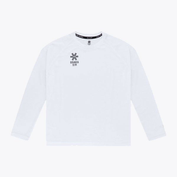A white long-sleeve crewneck shirt with a dark gray graphic logo on the left chest, displayed flat against a light gray background. #White