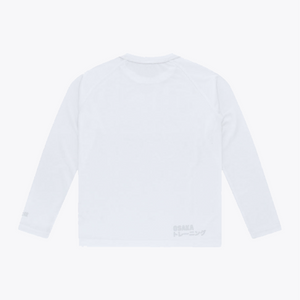 White long-sleeve training top shown from the back, featuring a crew neck and subtle gray 'OSAKA TRAINING' text printed near the bottom right hem. #White