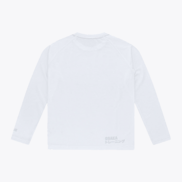 White long-sleeve training top shown from the back, featuring a crew neck and subtle gray 'OSAKA TRAINING' text printed near the bottom right hem. #White