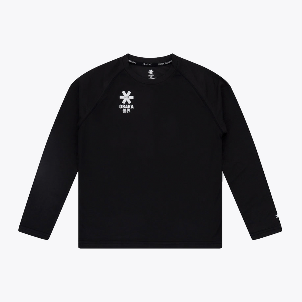 A black long-sleeve athletic shirt with raglan sleeves, featuring a white printed logo and text on the left chest, displayed on a clean white background. #Black