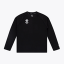 A black long-sleeve athletic shirt with raglan sleeves, featuring a white printed logo and text on the left chest, displayed on a clean white background. #Black
