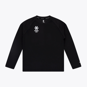 A black long-sleeve athletic shirt with raglan sleeves, featuring a white printed logo and text on the left chest, displayed on a clean white background. #Black