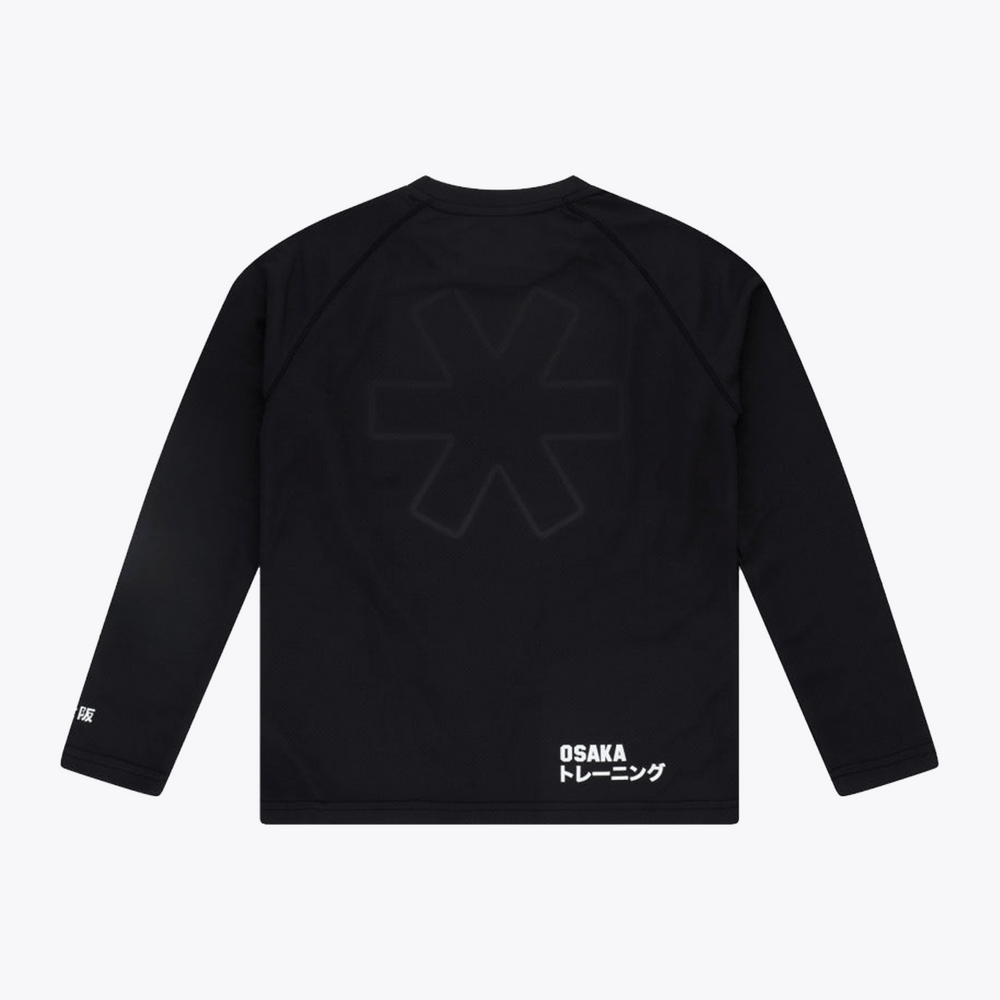 A black long-sleeve athletic shirt with raglan sleeves, featuring a white printed logo and text on the left chest, displayed on a clean white background. #Black