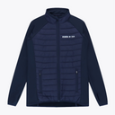 A navy blue athletic jacket with a quilted front panel, solid sleeves, and a high collar, featuring the white 'OSAKA 冰 世界' logo on the left chest, displayed on a clean white background. #Navy