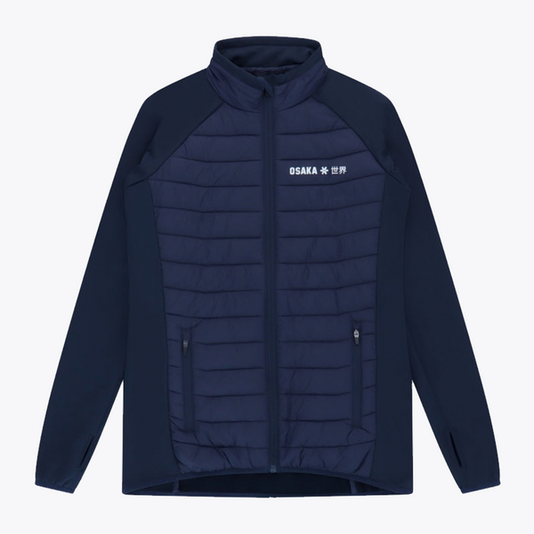 A navy blue athletic jacket with a quilted front panel, solid sleeves, and a high collar, featuring the white 'OSAKA 冰 世界' logo on the left chest, displayed on a clean white background. #Navy