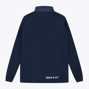 Back view of a dark navy long-sleeve athletic jacket with a stand-up collar and white Osaka brand logo near the lower back, shown on a light gray background. #Navy
