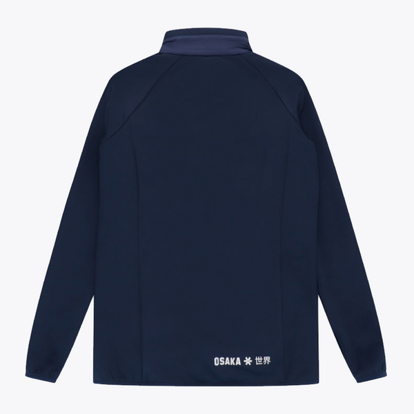 Back view of a dark navy long-sleeve athletic jacket with a stand-up collar and white Osaka brand logo near the lower back, shown on a light gray background. #Navy