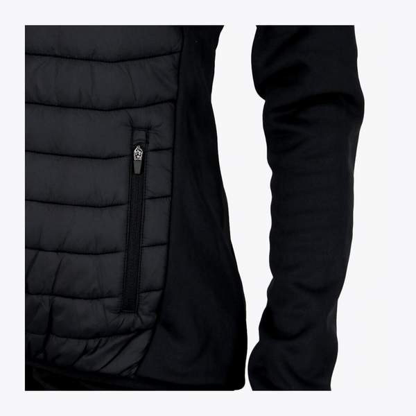 Close-up of a black quilted puffer jacket showing the side panel with a vertical zip pocket and the adjacent smooth sleeve on a light gray background. #Black