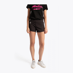 Osaka Women Training Active Short close up of front of product on a model #Black