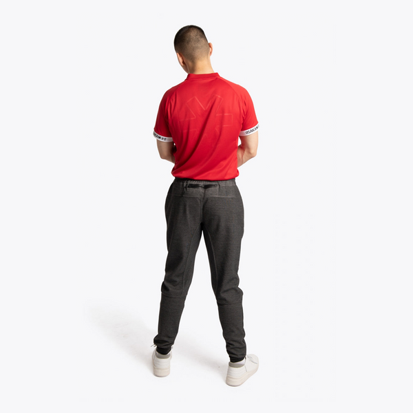 A man viewed from behind wearing a bright red short-sleeve polo shirt with white trim on the sleeve cuffs, dark gray slim-fit pants, and white sneakers, against a plain white studio background. #Red