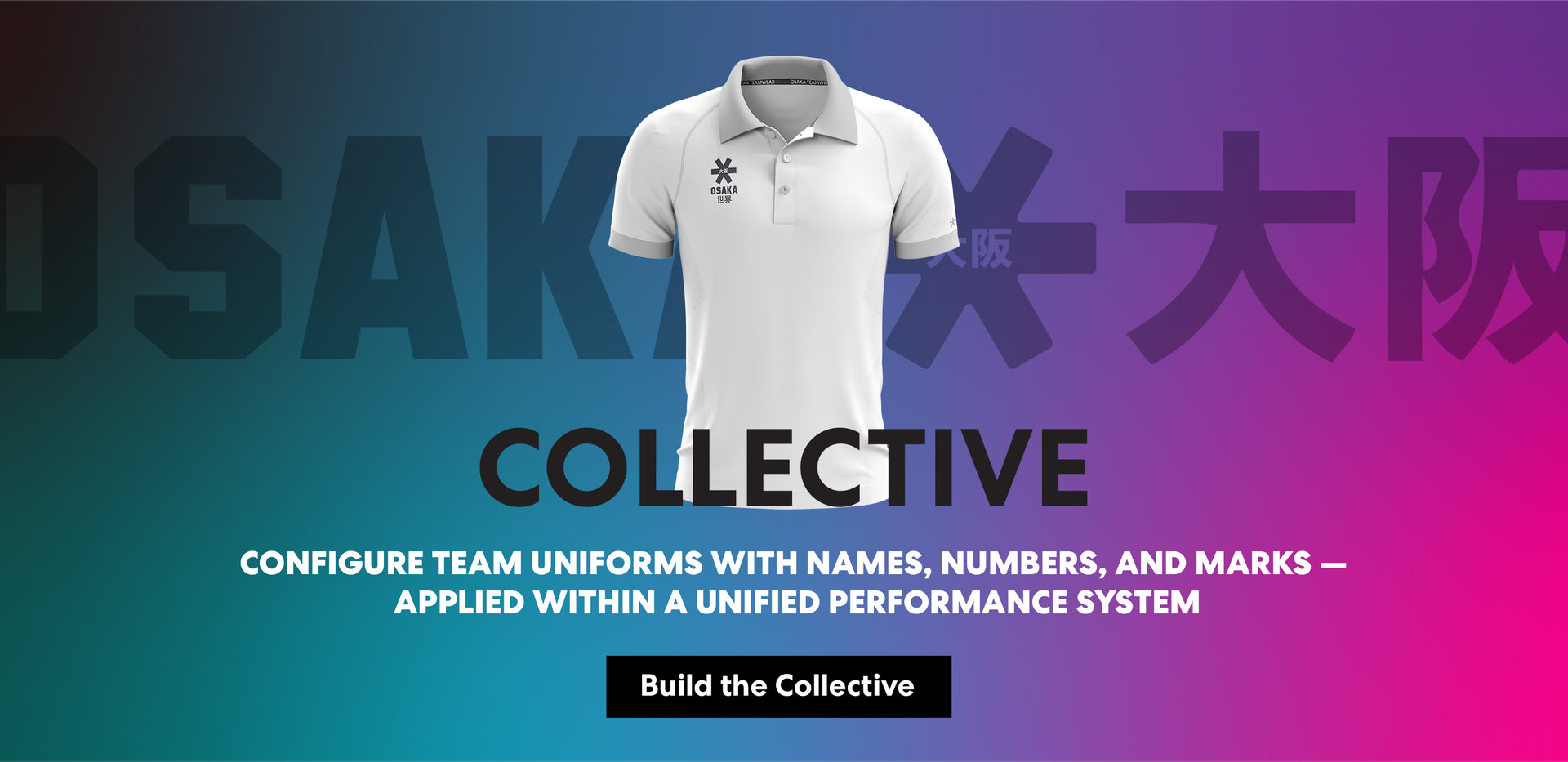 Osaka Collective custom teamwear polo shirt in white — configure team uniforms with player names, numbers, and club marks through the Osaka unified performance system