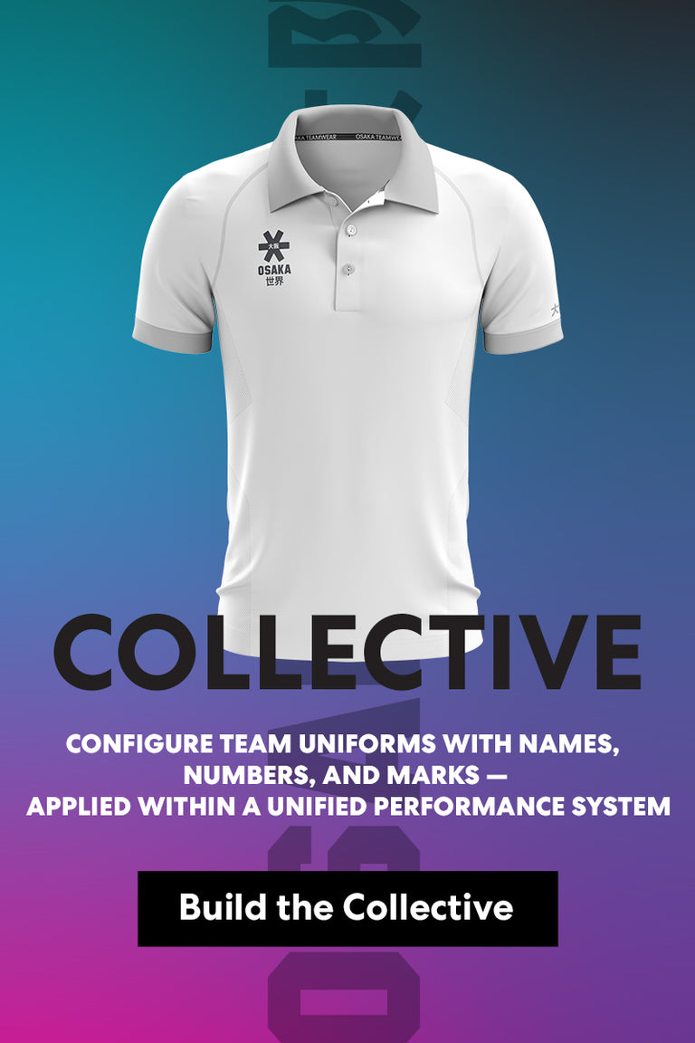 Osaka Collective custom teamwear polo shirt in white — configure team uniforms with player names, numbers, and club marks through the Osaka unified performance system