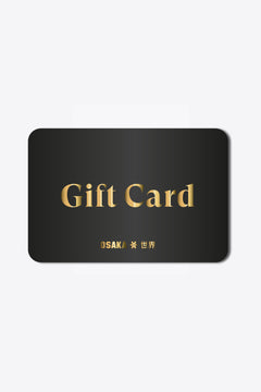 Osaka black gift card with letters and logo in gold.